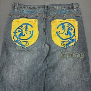 Coogi Men's Baggy Wide Leg Yellow Flap Embroidered Dark Wash Jeans Size 38x31